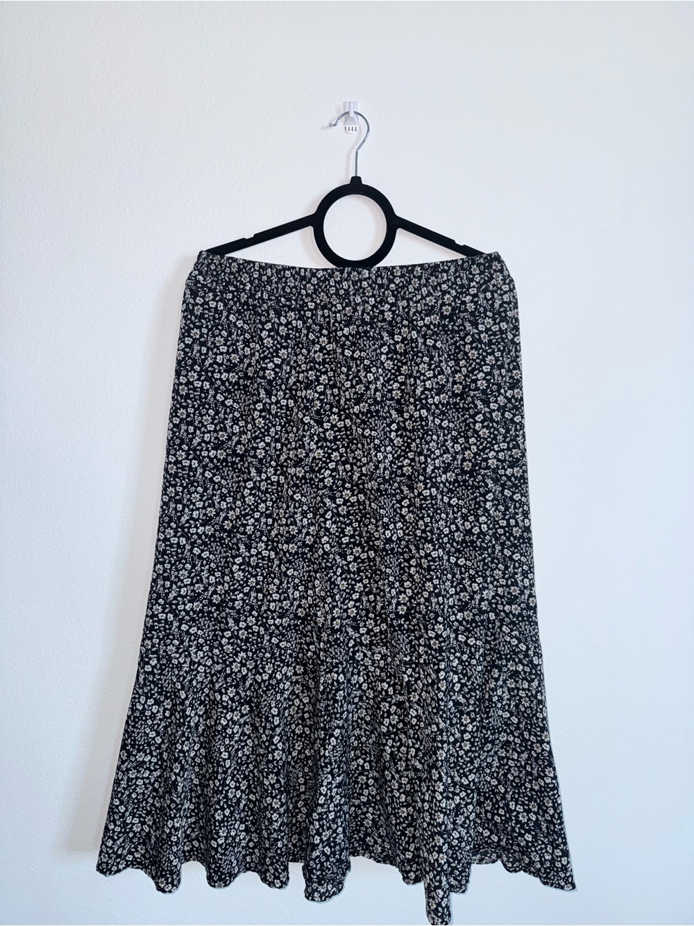 Black Floral Midi Skirt with Ruffled Hem